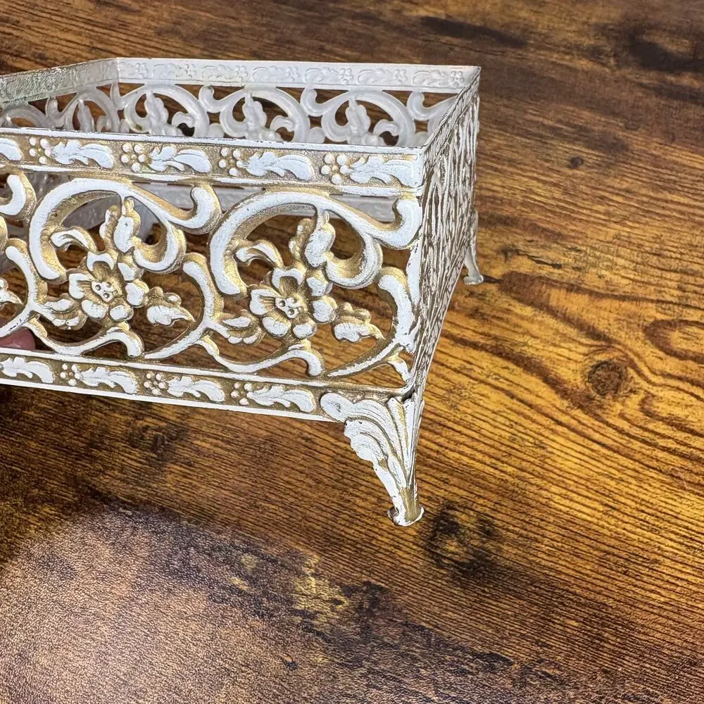 Vintage MCM Tissue Holder Square Metal Filigree Hollywood Regency Shabby Chic